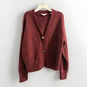 VINCE Wool And Cashmere-Blend Boxy Burgandy Wine Cardigan Size Large